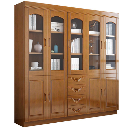 Solid wood bookcase with glass door, simple Chinese bookshelf storage, modern storage rack, office file cabinet, storage cabinet