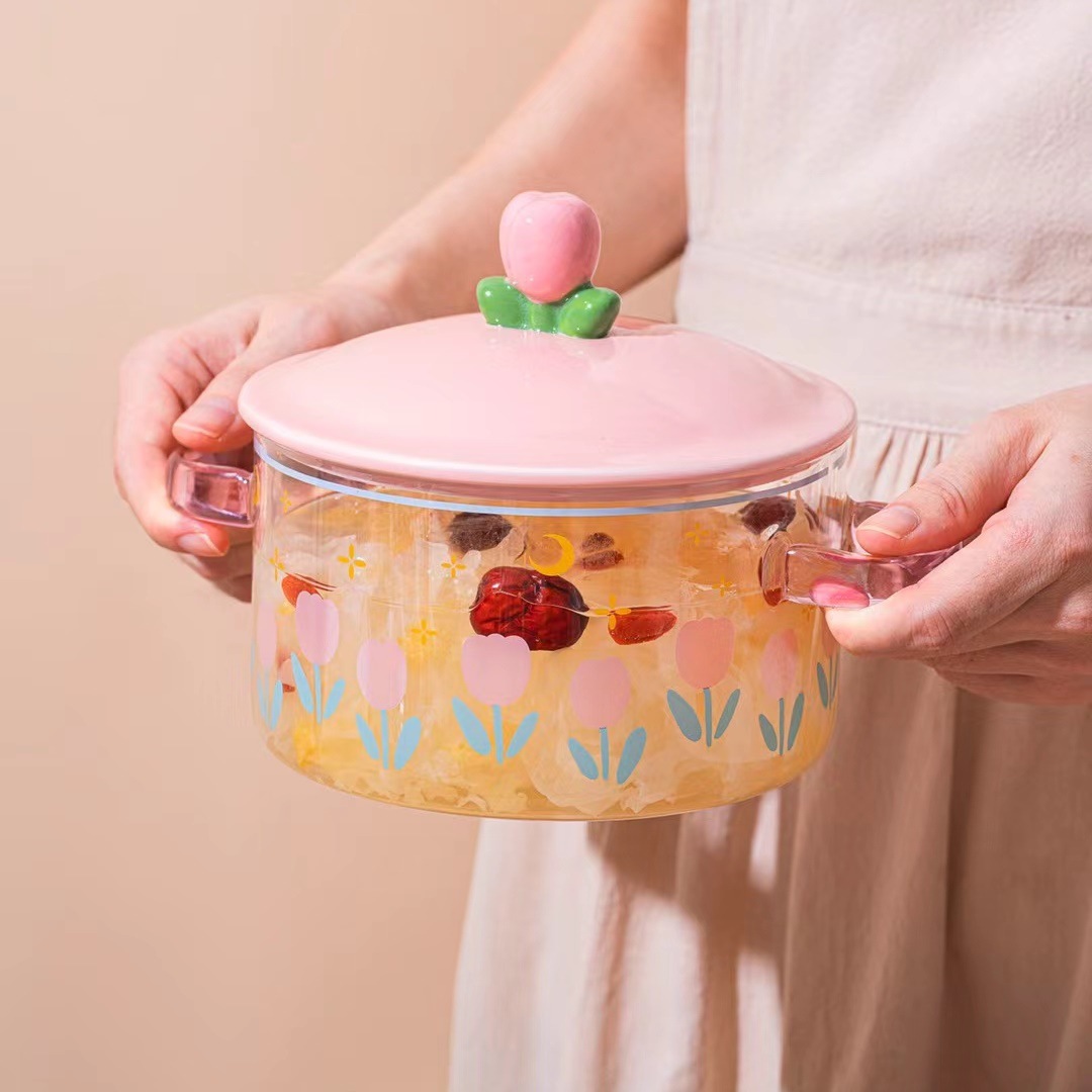 Chica creativa corazón flor Rosa fideos instantáneos tazón de vidrio calentado olla de sopa binaural ensalada tazón con tapa tazón de gran capacidad