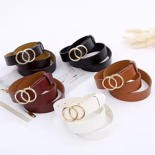 Korean Trendy Double Round Buckle Black PU Jeans Belt for Students - Versatile Jeans Belt for Women, Simple and Elegant