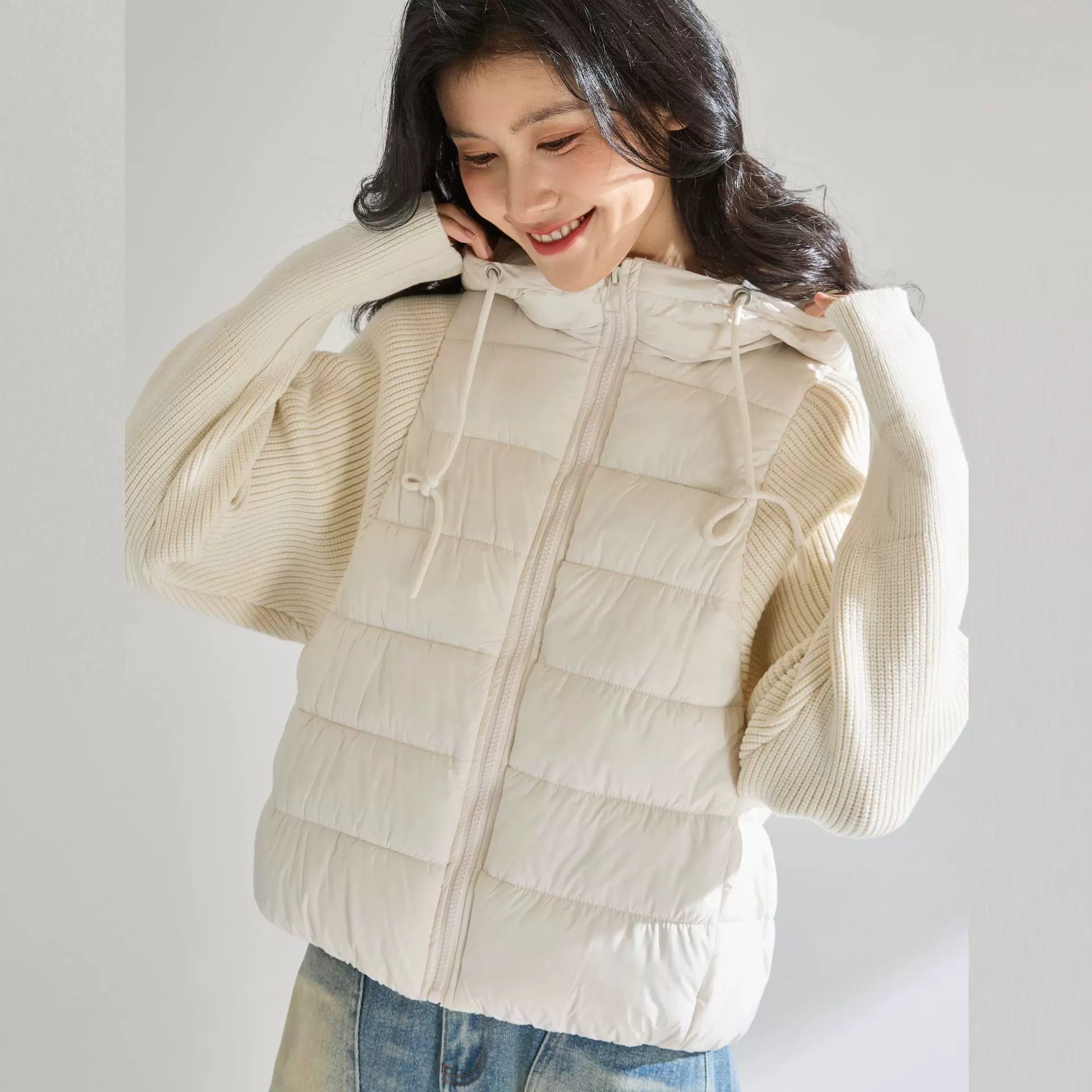 25冬新款针织拼接韩版时尚连帽潮棉服女外套短款22699