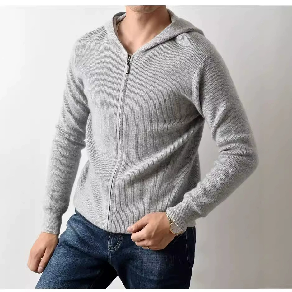 Трансграничная осень и зима новый элитный мужской молодежный трикотажный кардиган свитер сплошной цвет вязаный свитер с капюшоном