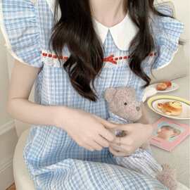 韩国ins女士夏装新款韩版舒适娃娃领小飞袖睡裙连衣裙家居服批发