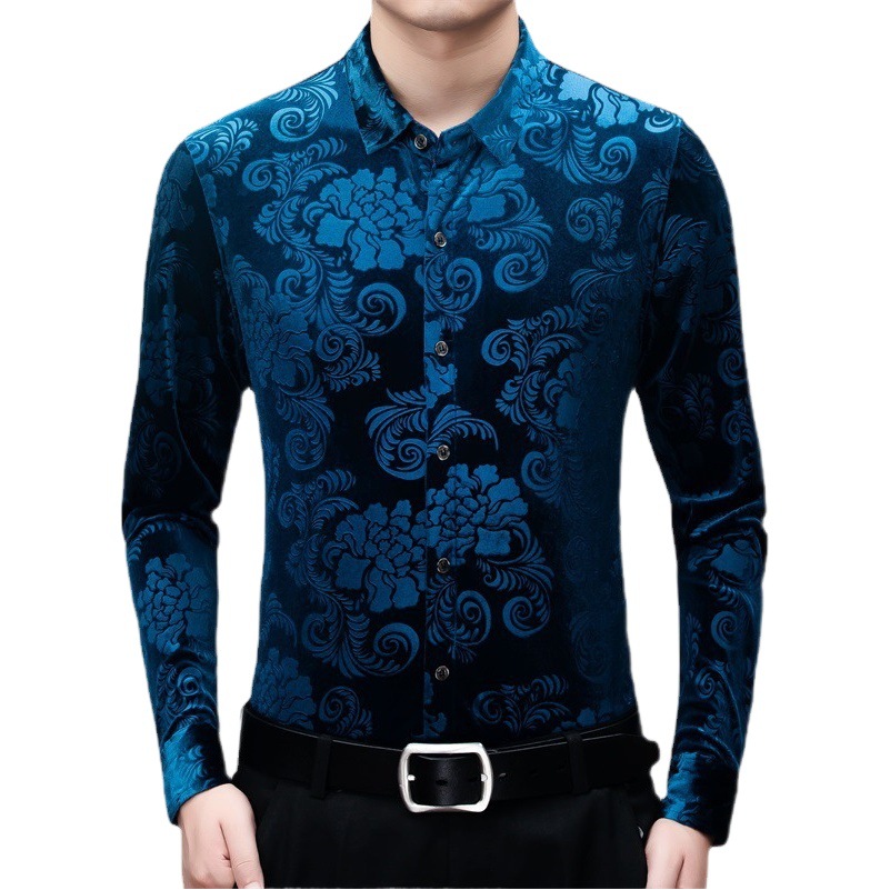 A principios del otoño camisa de terciopelo dorado retro delgada para hombres papá de mediana edad casual de los hombres usa camisa de manga larga sin planchar