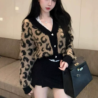 水貂绒豹纹毛衣女秋冬慵懒高级感美式短款针织开衫外套厚实