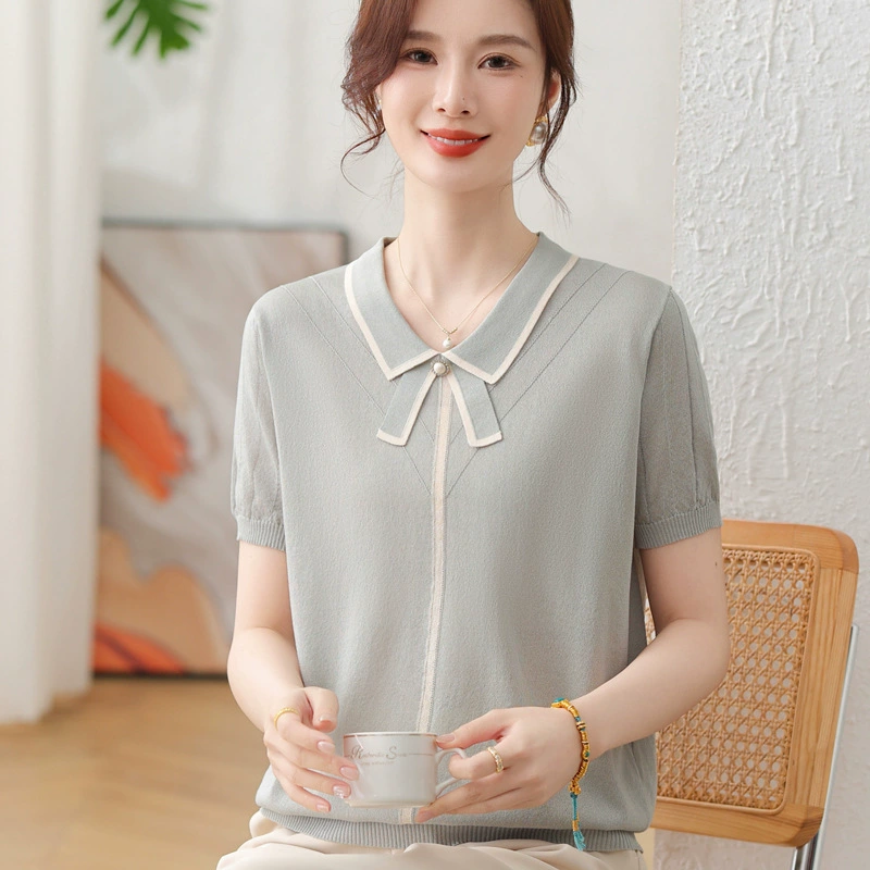 Новые летние топы с короткими рукавами для мам, летние трикотажные рубашки из ледяного шелка с лацканами, модные свободные футболки для женщин среднего и пожилого возраста.