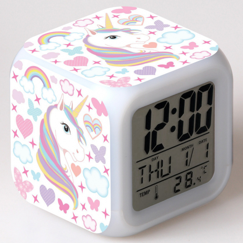 Cross-Border Supply Unicorn Colorful Color-Changing Luminous Mood Led Creative Alarm Clock with Pattern Printing Digital Clock