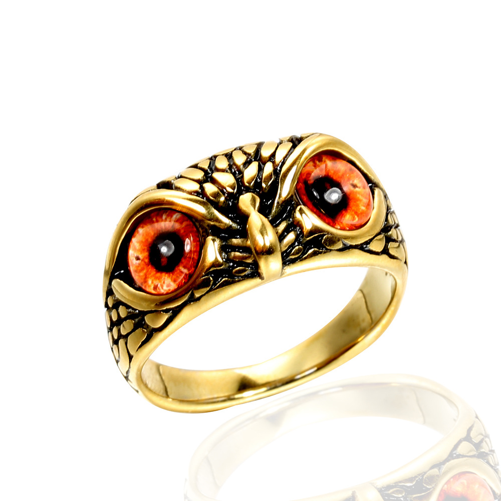 Rings Classification 13, 7 Ring Size Retro Owl Titanium Steel Cat's Eye Stone 18K Gold Plated Men's Rings Men Signet Rings