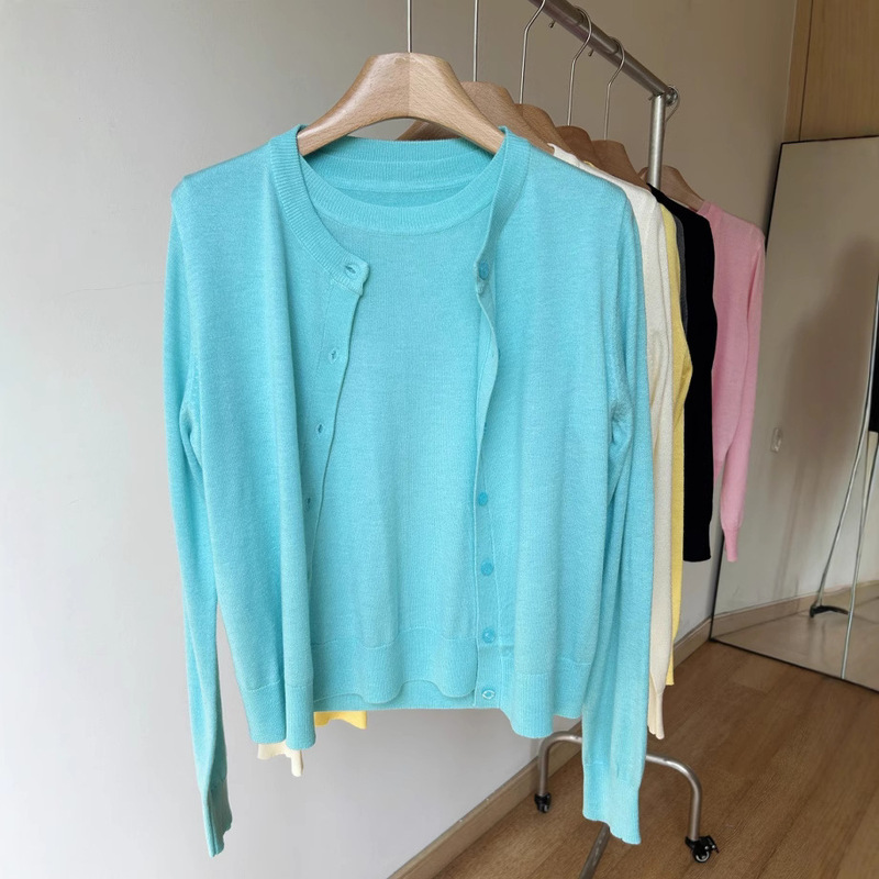 Advanced MIU Style Minimentary Crewneck Sweater suit Short Sleeve Inner Long Sleeve Cardigan Thin Sunscreen Air Conditioning