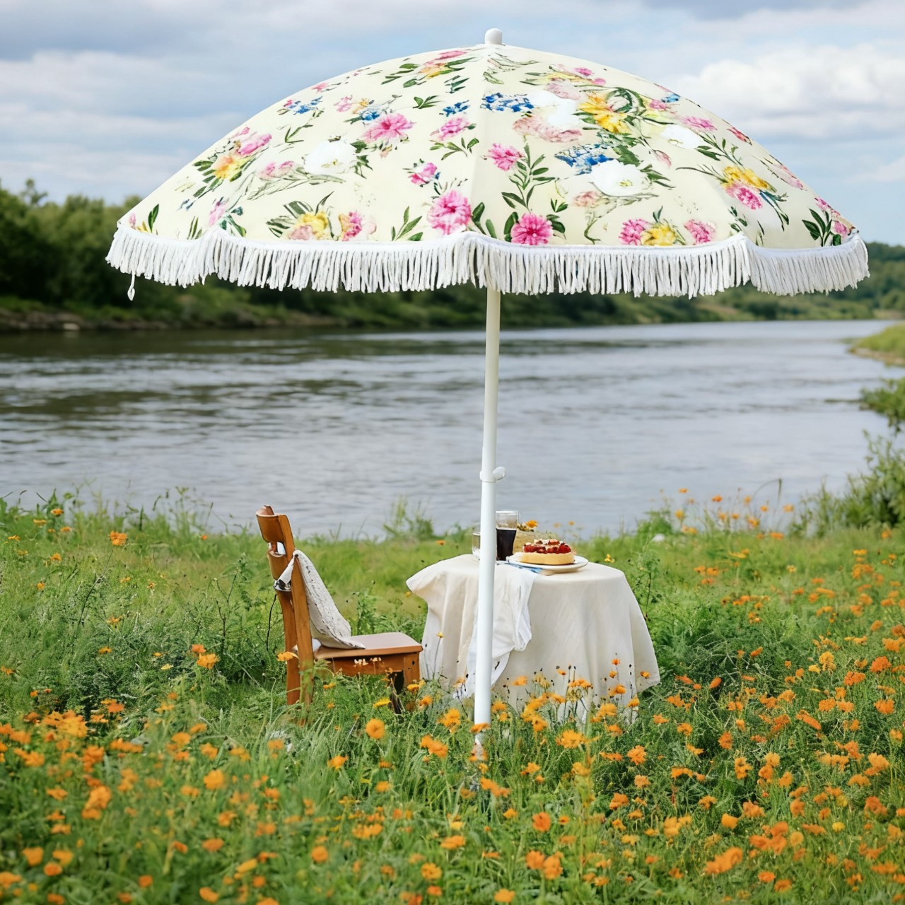 跨境批发小米花沙滩伞涤纶布流苏太阳伞庭院伞装饰伞防雨摆摊钓鱼