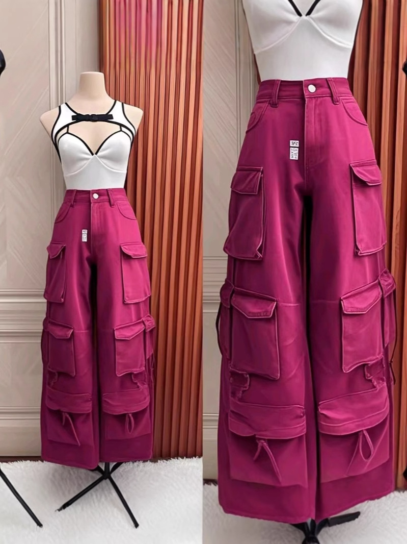 Pantalones de mezclilla para mujer, monos, pantalones de moda de piernas anchas con bolsillos múltiples, pantalones Cargo pants wholesale