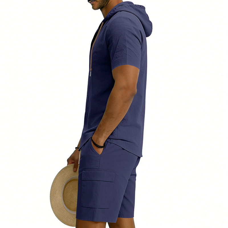 Men's Linen Hooded Short Sleeve Shirt With Workwear Shorts Set, Relaxed Fit Breathable Summer Outfit For Vacation And Casual Style_viptrois.com