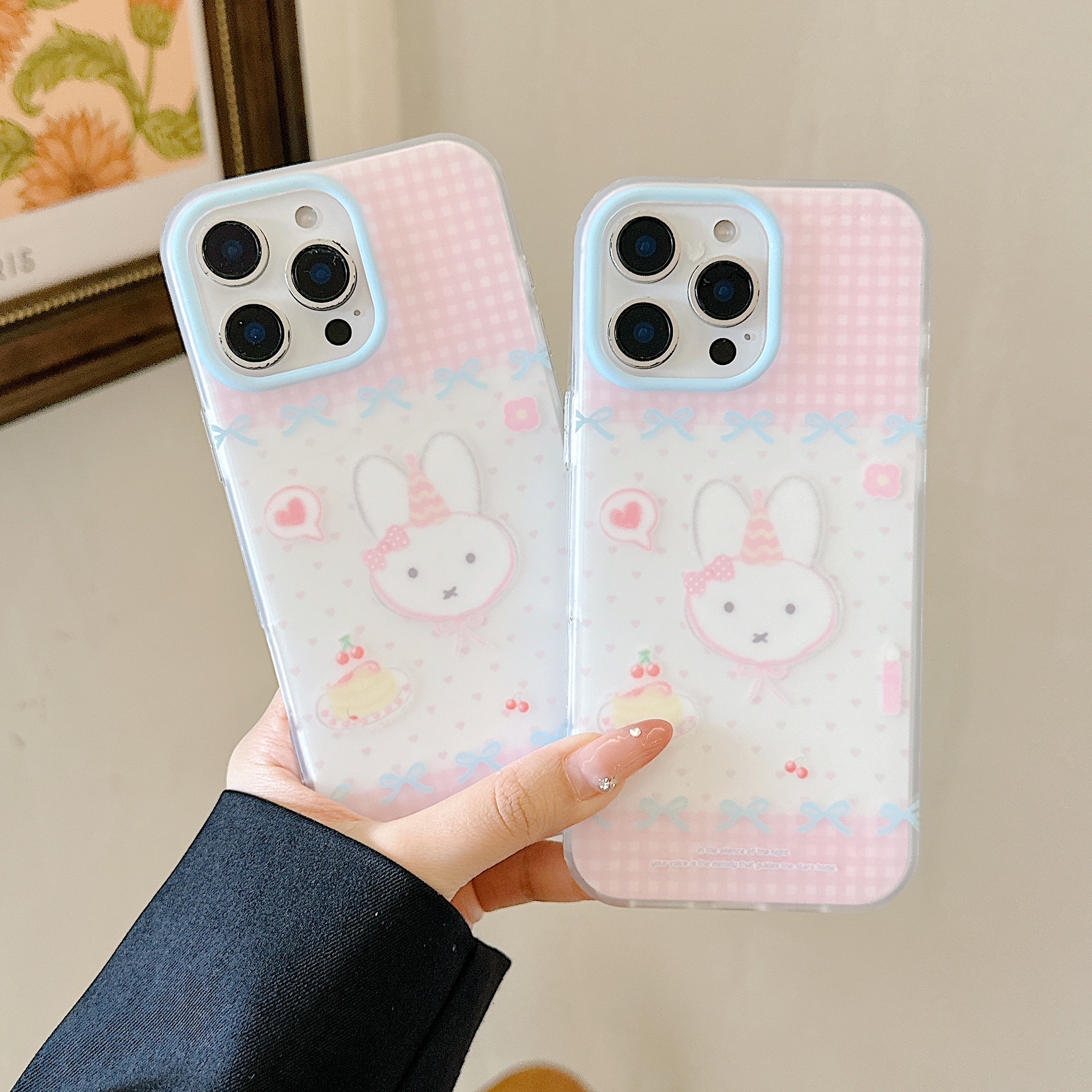 Pastel a cuadros en polvo coreano conejito para Apple 16ProMax funda para teléfono móvil 15Pro girl 14/13 pareja