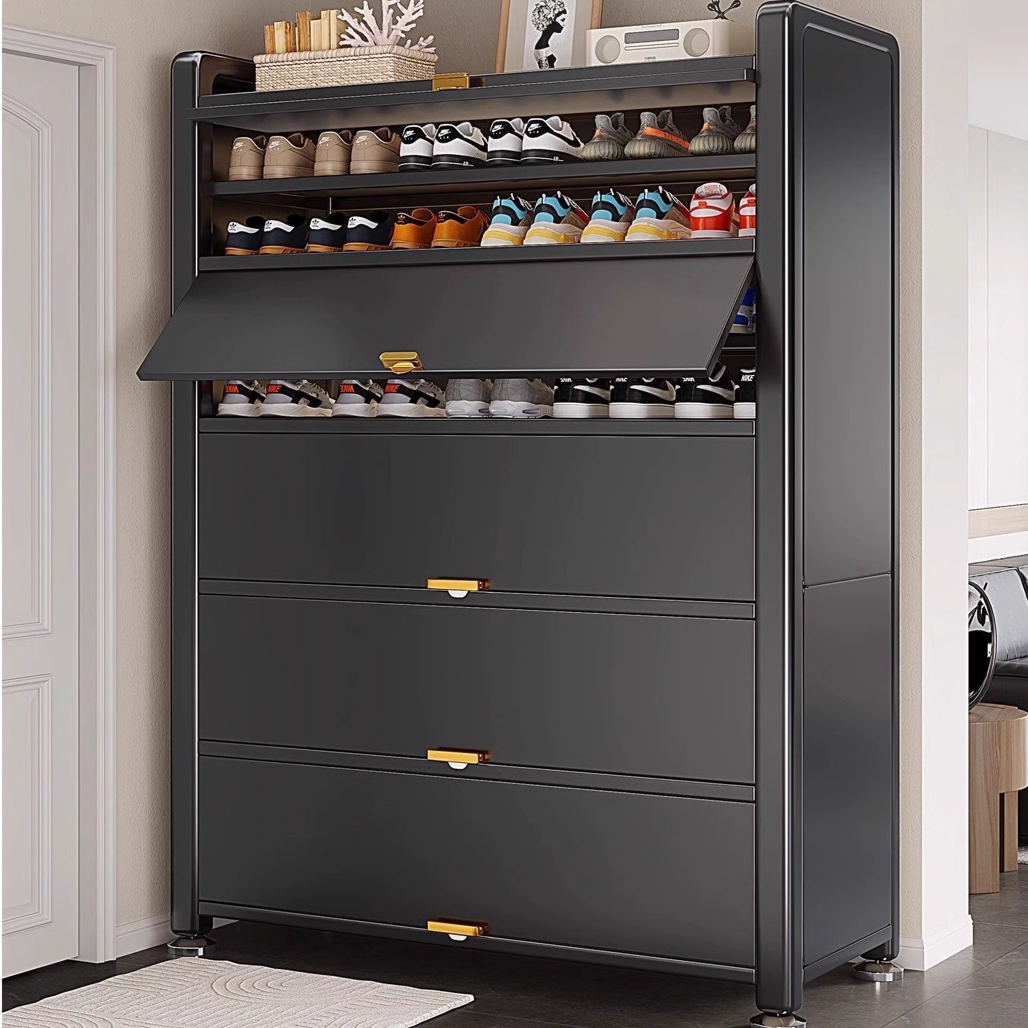 Steel Shoe Cabinet Dust-Proof Household Doorway Multi-Layer Entrance Cabinet Large-Capacity Storage Cabinet Entry Thickened Flip-Up Door Shoe Rack