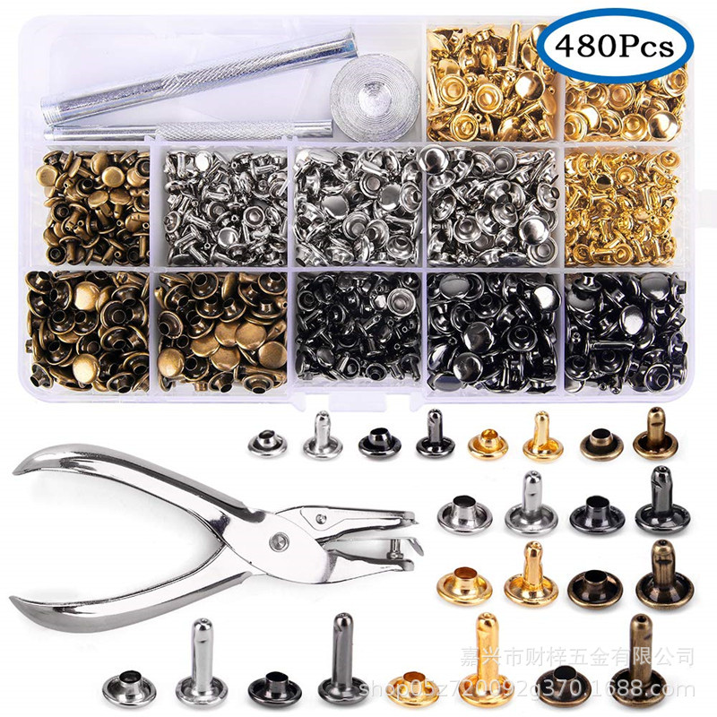 供跨境 盒装双面铆钉4色3规格+工具+钳子箱包皮包帽钉柳钉批发