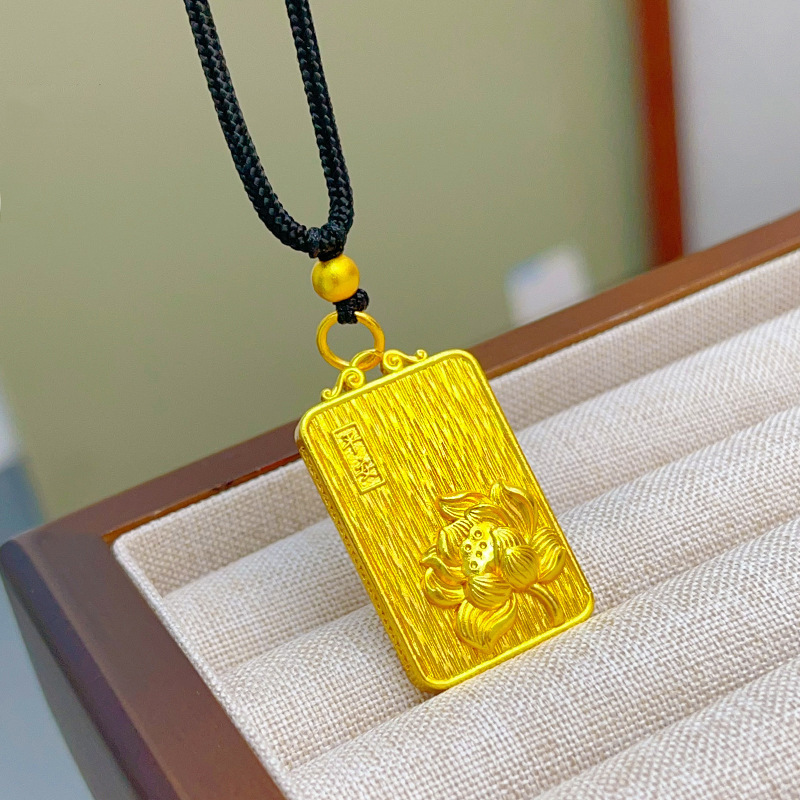 Ancient sand gold hollow silk Ping An lotus brushed tag pendant new Chinese high color necklace live wholesale