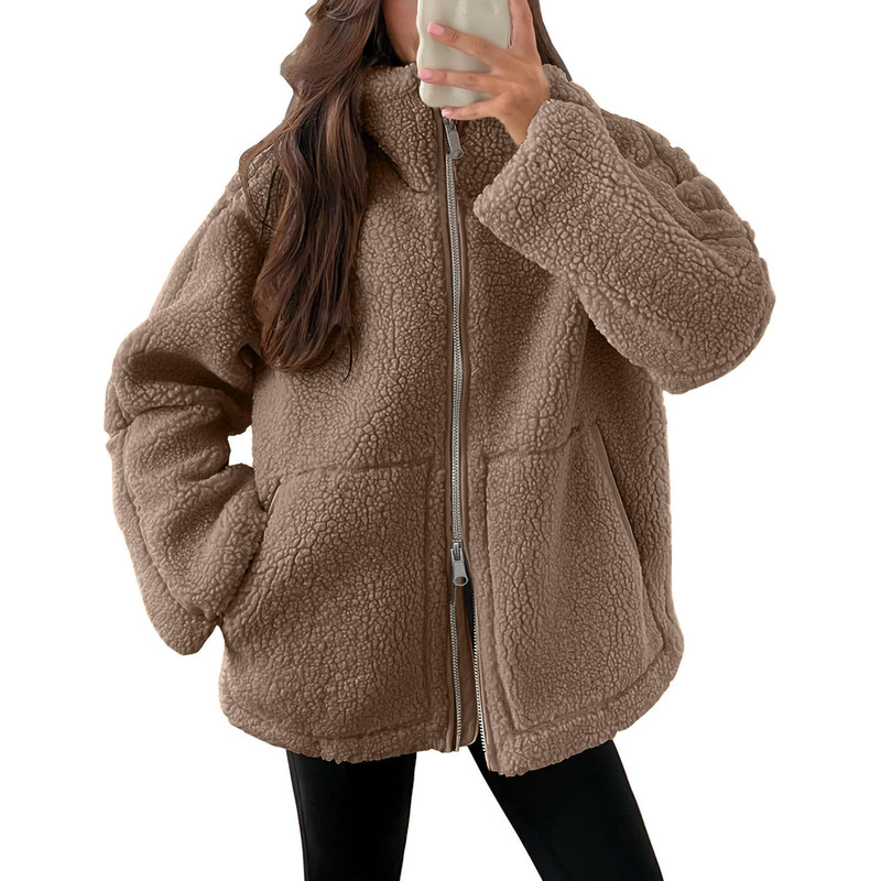 Cross-Border 2025 European and American Style Autumn and Winter New Women's Clothing Solid Color Lazy Style Lamb Wool High-Neck Woolen Coat