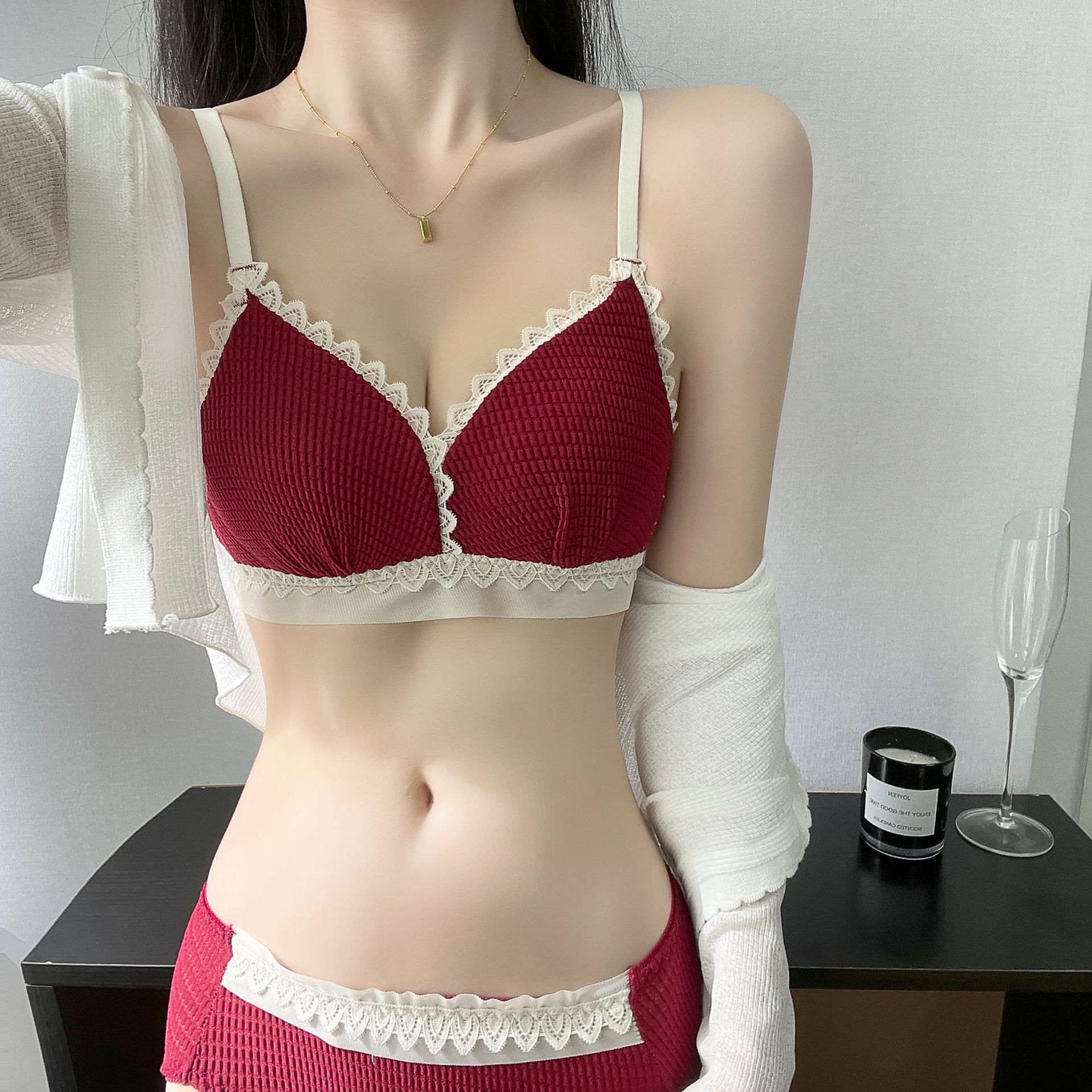 New thin triangle cup beauty back bra for women, small chest shaping bra, sexy anti-sagging, no wire bra set