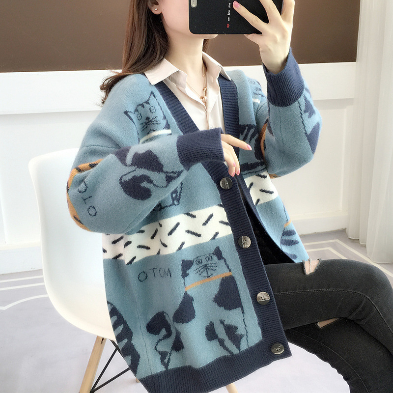 2023 Otoño e Invierno Nuevo suéter exterior de estilo perezoso suelto de las mujeres de estilo coreano con cuello en V gato de dibujos animados de punto Chaqueta de punto