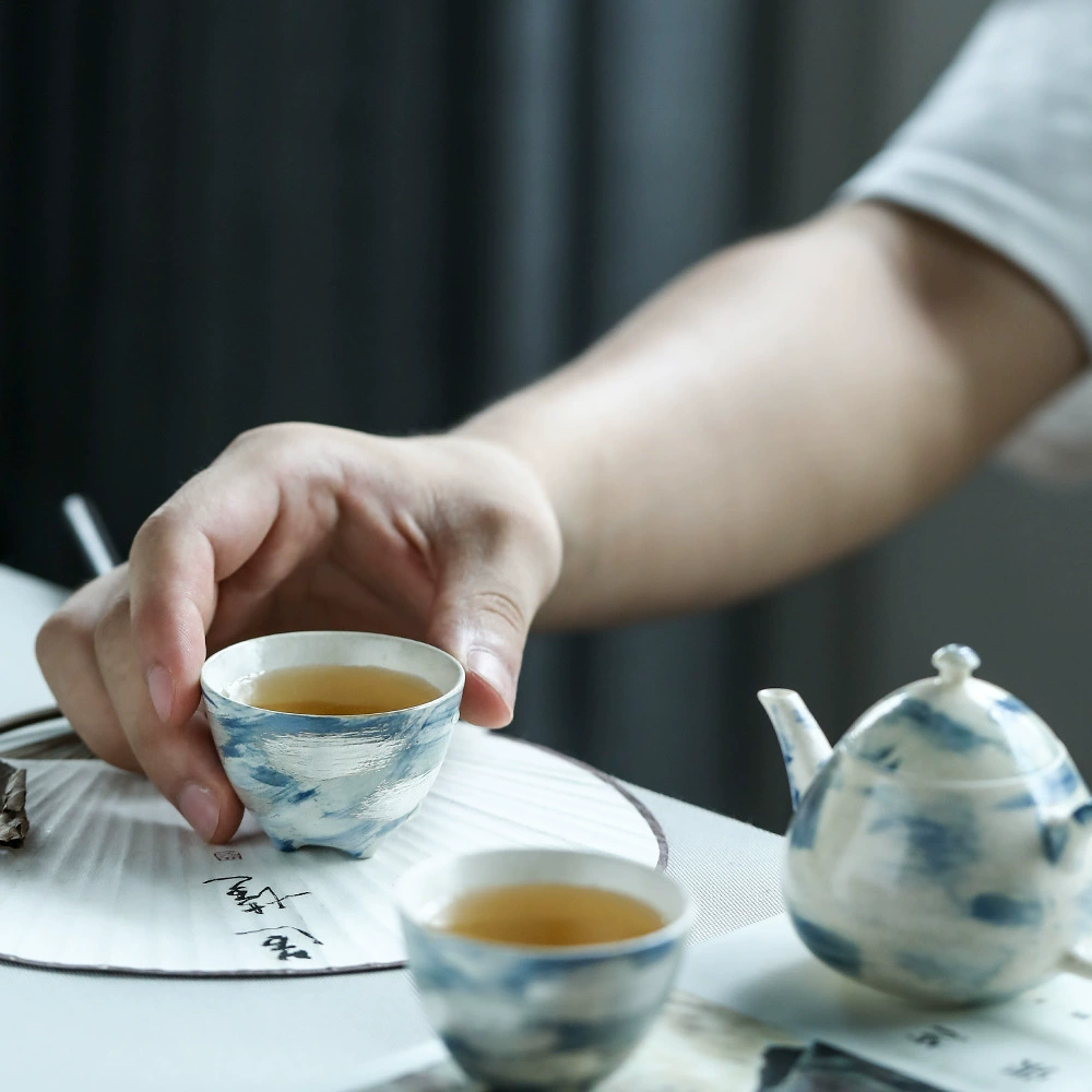 Сенсей Чинг, фарфор ручной работы из Jingdezhen, чайный набор Ocean Blue Light Kung Fu, глиняная чашка с тремя ножками, роспись по металлу золотом и серебро в наборе