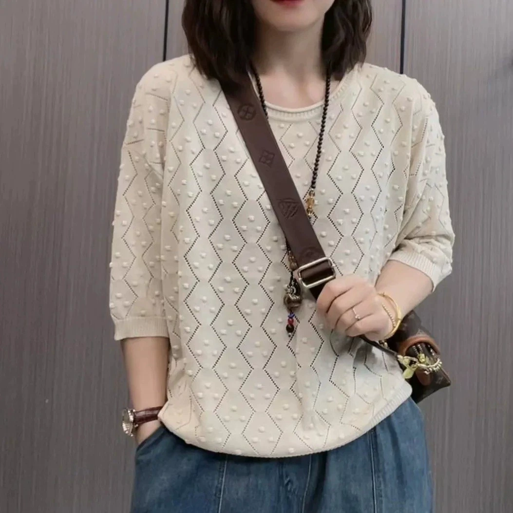 2025 весна лето семиконечный рукав топ женский новый повседневный стиль футболка сплошной цвет свободный круглый воротник с полым трикотажным рукавом