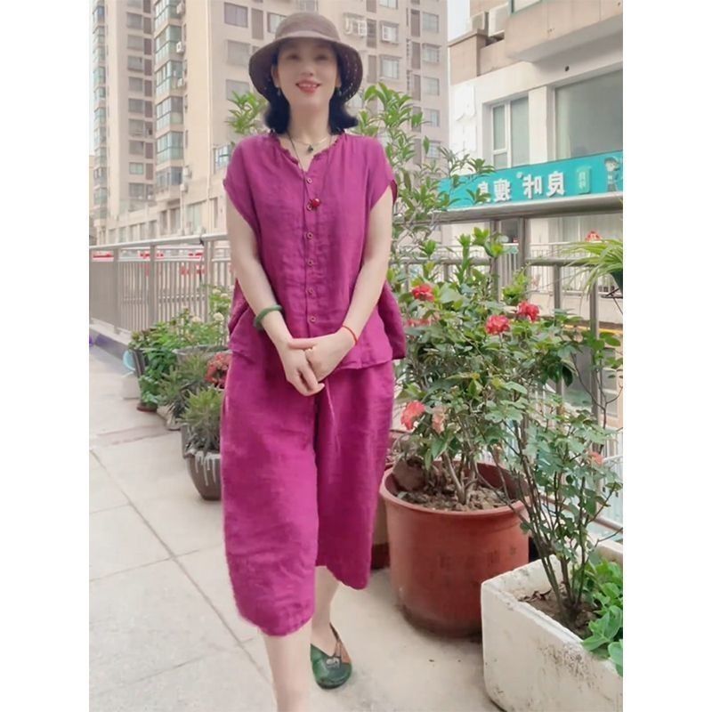 Summer New Style Lazy Style Versatile Loose Cotton and Linen Fashion Suit Single-Breasted Shirt Top Wide-Leg Pants Two-Piece Set for Women