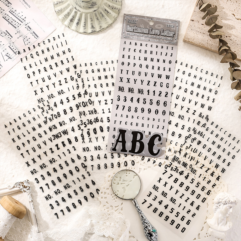 Alfabeto clásico transparente impermeable pegatinas de pet diy pegatinas de diario de cuentas de mano pegatinas alfanuméricas retro transfronterizas