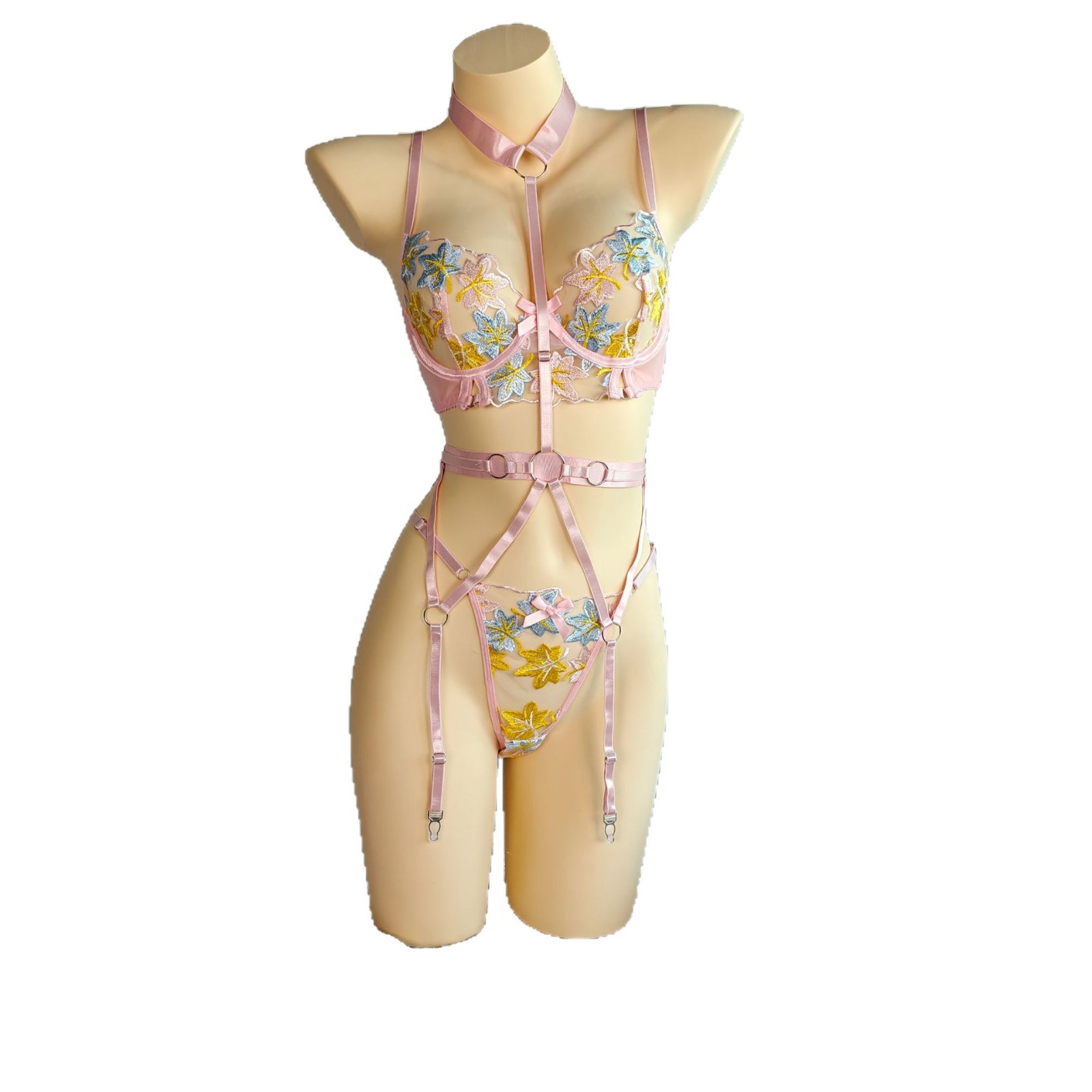 Europa y los Estados Unidos suministro de comercio exterior ropa interior sexy de mujer con soporte de acero de tres puntos cinturón de calcetín bordado de contraste de forma de cuerpo dividido