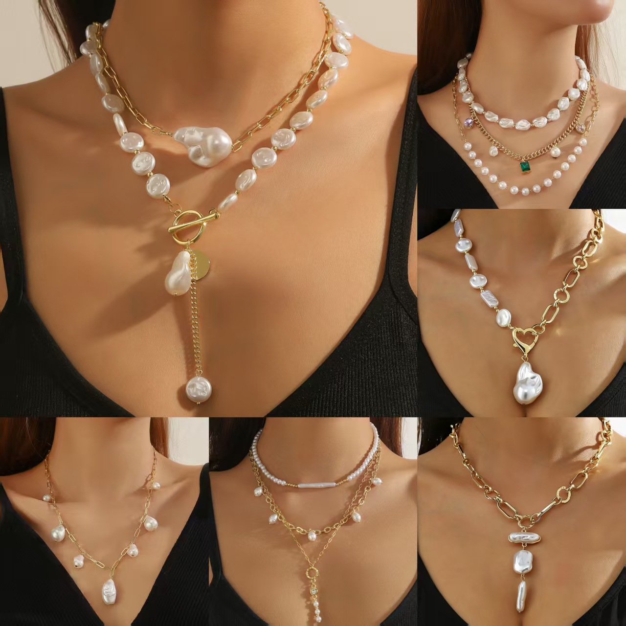 Cross-Border Jewelry Layered Pearl Necklaces for Women, Exaggerated European and American Style, Light Luxury, High-End Baroque Pearls, Mother's Day Necklace