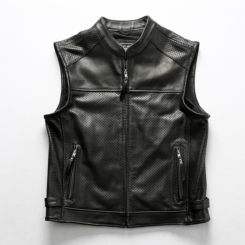 Harley Vest Breathable Summer Mesh Leather Vest Men's Manufacturer Stand Collar Rock Casual Cowhide Motorcycle Vest