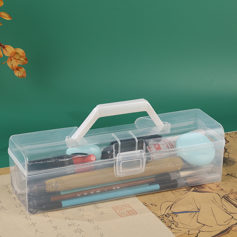 プラスチック透明書道収納ケース延長学生携帯毛筆手提げケース美術生書道工具箱|undefined