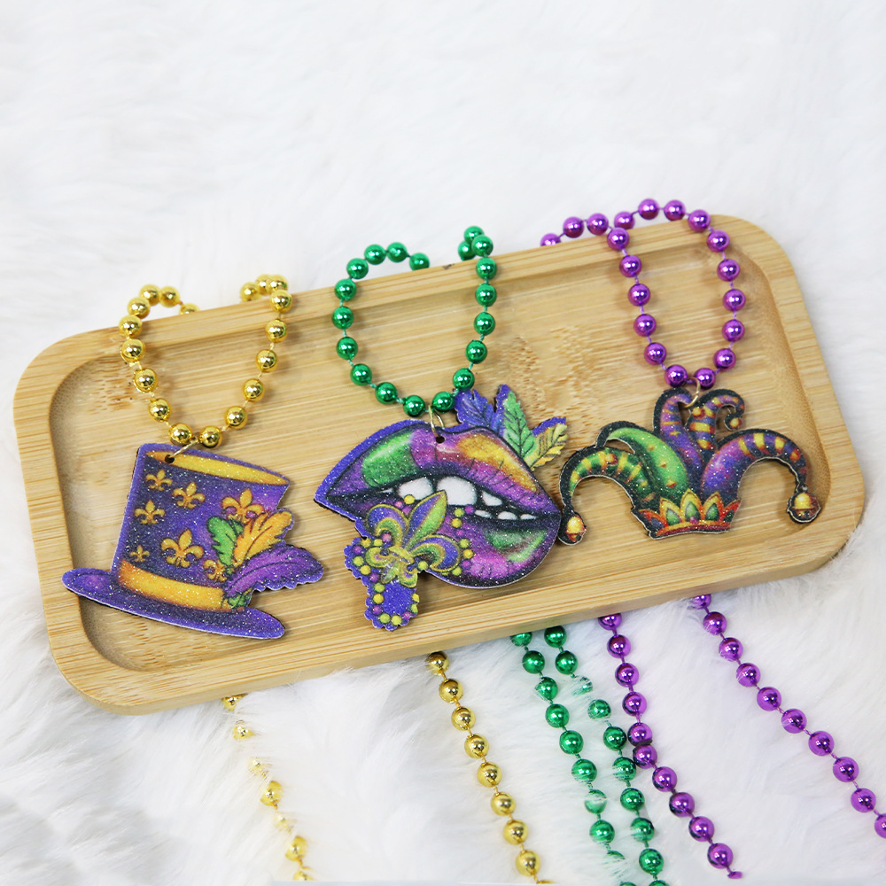 Collar de carnaval, Nueva Orleans, colgante de oro púrpura, colgante de cuentas verde, decoración de fiesta, joyas de cuentas de Mardi Gras