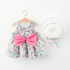 Summer 2021 New Girls' Camisole Dress with Bow at the Chest, Shoulder Strap Dress, Fresh and Natural, Small Floral Dress, Includes Hat