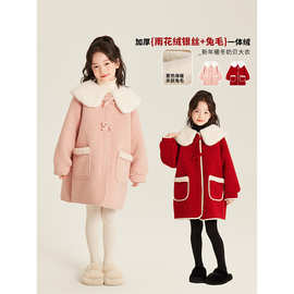 Amybaby女童外套冬季2024新款韩版蝴蝶结中长款保暖翻领呢子大衣
