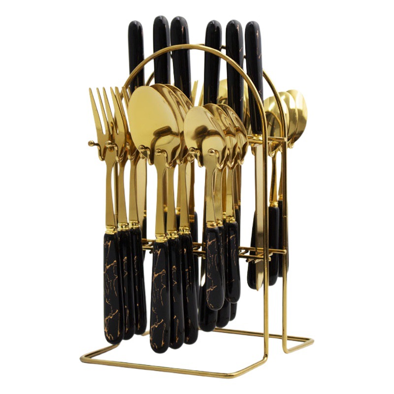 Cuchillo de acero inoxidable transfronterizo, tenedor y cuchara jaspeado cuchillo de carne restaurante del hotel cuchara tenedor mango de cerámica caja de regalo de 24 piezas