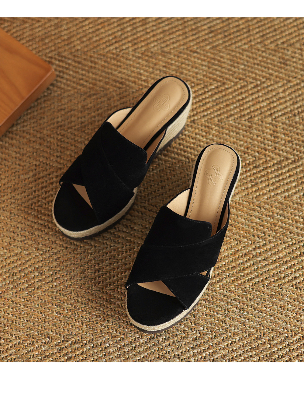 Dép sandal nữ quai ngang đế xuồng đan cói gót 7 cm — Màu đen chi tiết 23