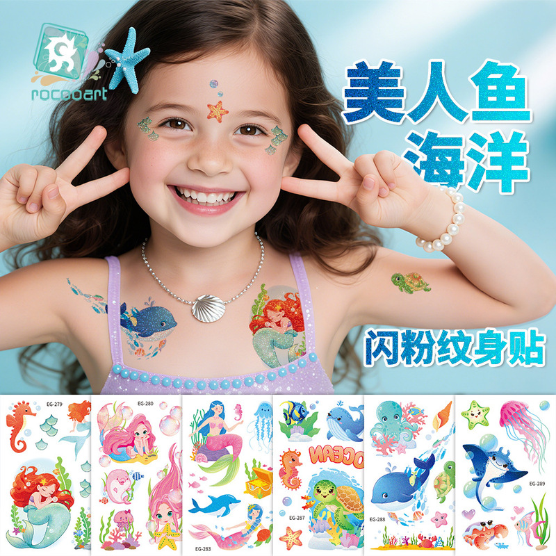 New Cross-Border Children's Cartoon Mermaid Tattoo Stickers Waterproof and Sweat-Proof Marine Animal Party Temporary Stickers