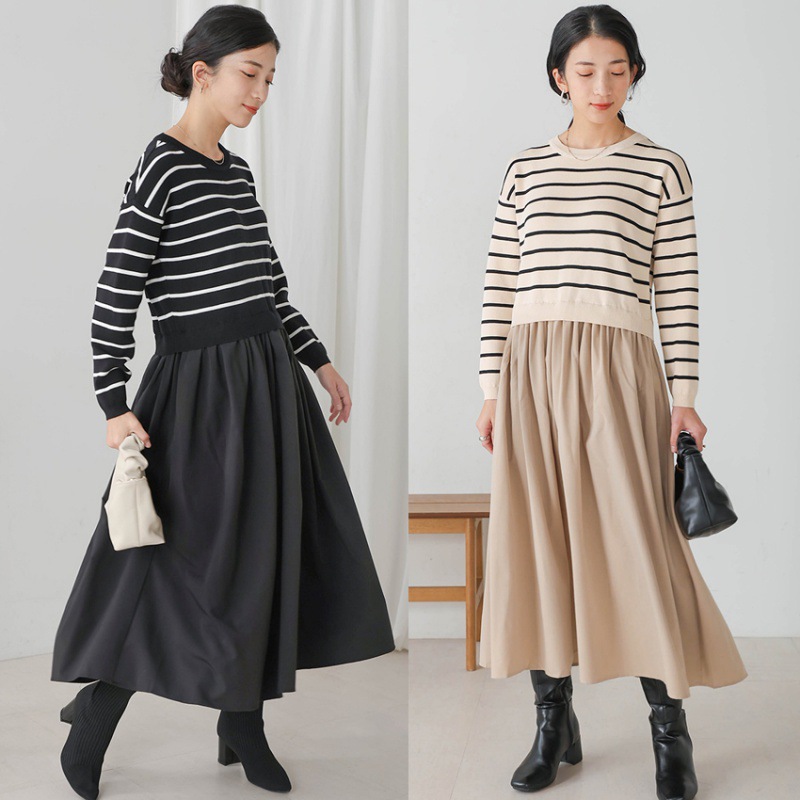 日韩实拍现货 新款女装韩国代购流行时尚条纹假两件套显瘦连衣裙