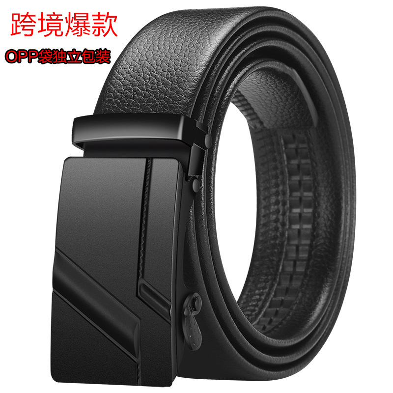 跨境外贸男士腰带自动扣皮带仿真皮纯黑铁扣TEMU希音专供厂家批发