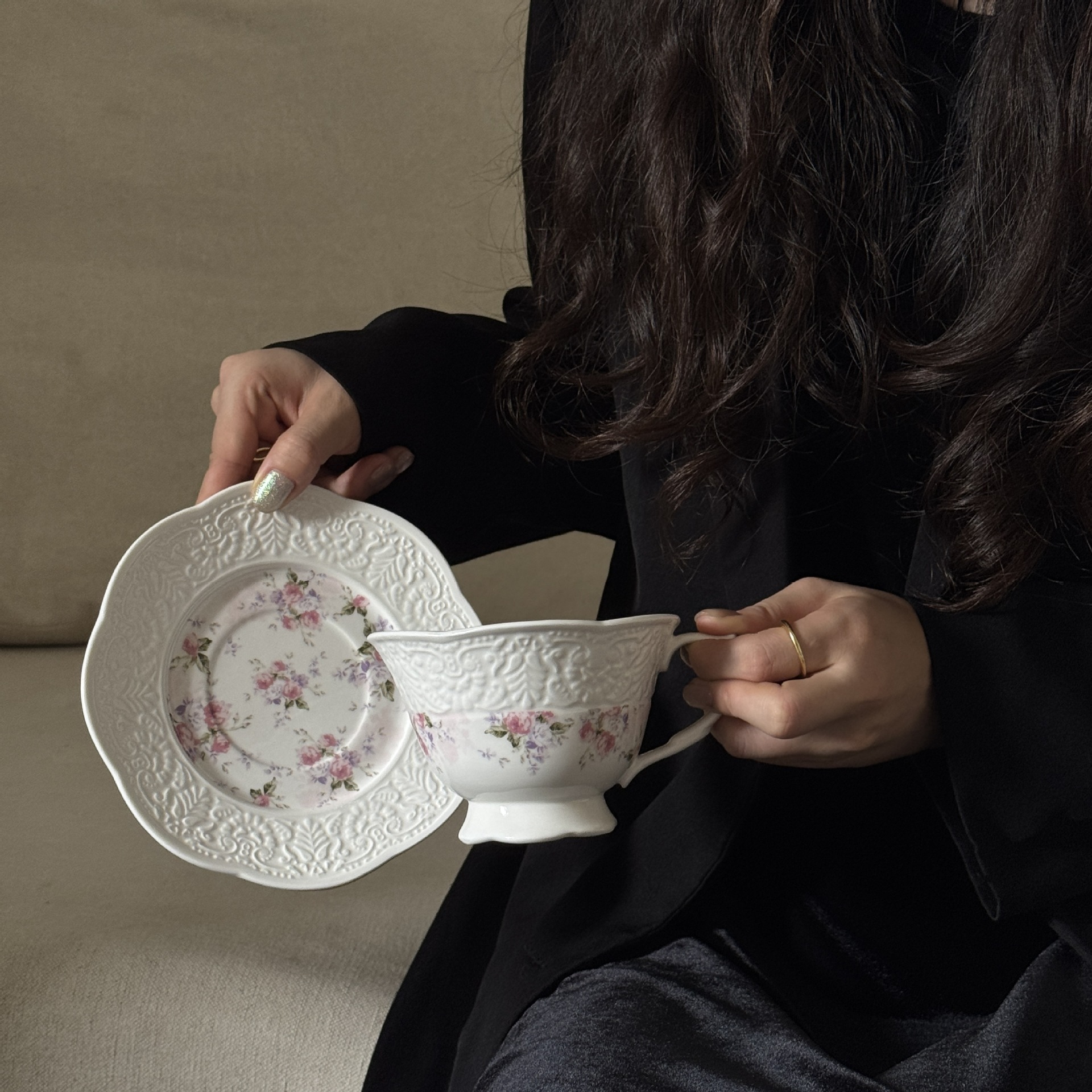 꽃잎과 잎 컵과 접시 300ML