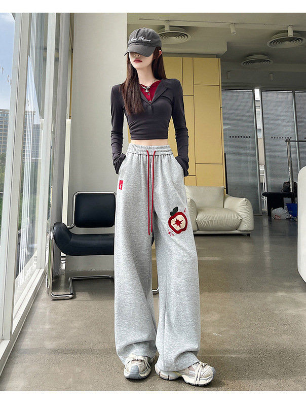 撞色苹果植绒绣运动风休闲裤直筒女秋季今年流行宽松阔腿梧桐卫裤|undefined