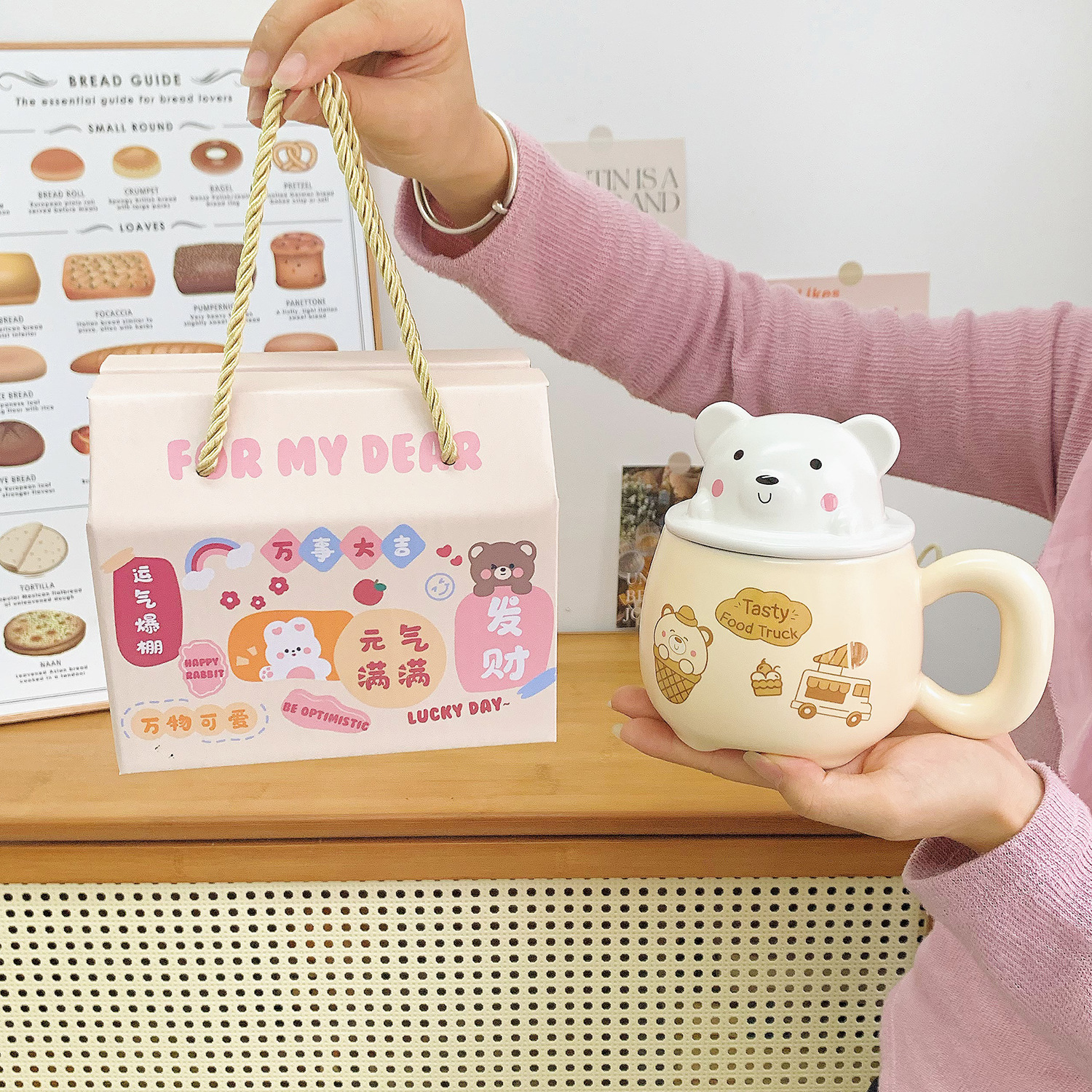 Taza con tapa, cuchara, linda taza de oso, corazón de niña de alto valor, taza de agua potable, regalo de cumpleaños para niñas