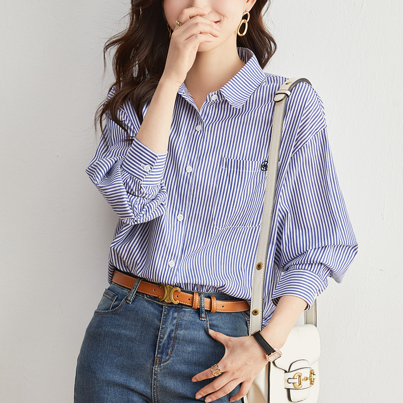 Directo de fábrica puro algodón azul rayas camisa de las mujeres de manga larga otoño nueva suelta adelgazante camisa casual todo-Juego superior