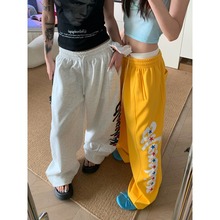 外贸美式侧边字母贴布抽绳休闲裤男女2025新款宽松休闲百搭长裤潮