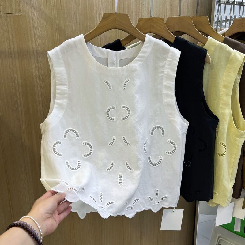 Y6U Korean-Style Round-Neck Hollow-Out Crochet Sleeveless Shirt for Women, Summer Minimalist Style, Solid Color Cotton-Linen, High-End Feel, Loose Fit Y6U Korean-Style Round-Neck Hollow-Out Crochet Sleeveless Shirt for Women, Summer Minimalist Style, Solid Color Cotton-Linen, High-End Feel, Loose Fit