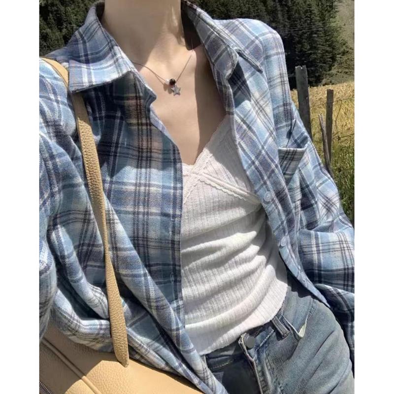 春季格子衬衫女韩版慵懒时尚宽松显瘦百搭开衫休闲外套女装粉色|undefined