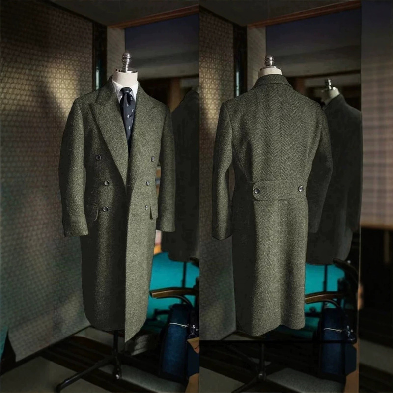 Classic herringbone pattern vintage men's long coat, simple style slim-fit jacket, casual business blazer