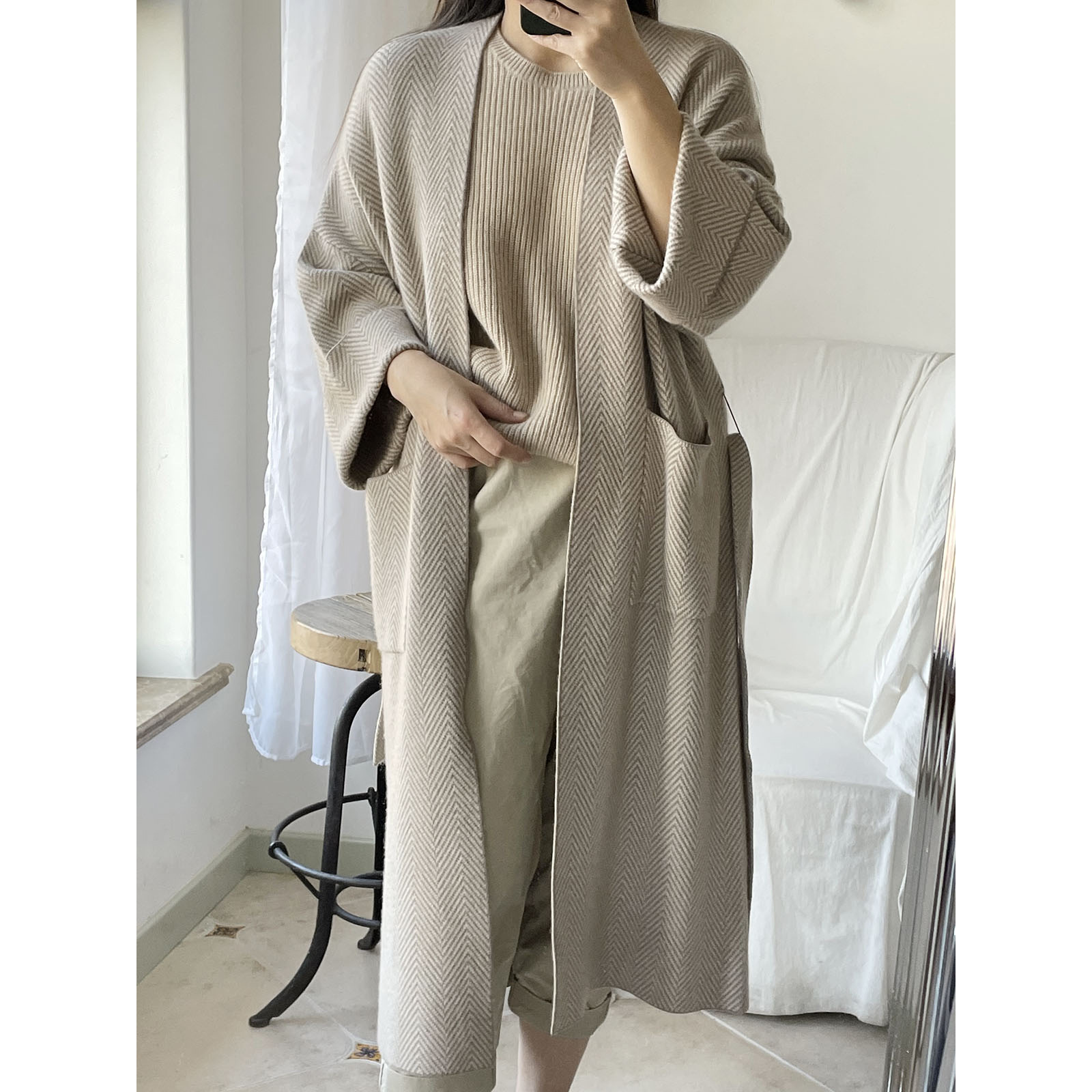 APCSHOP奢享新款 意开司米定制人字纹系腰带女士长款羊绒大衣外套|ms