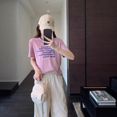少女粉 减龄时髦慵懒范显白字母印花短袖显瘦T恤女夏季新宽松半袖