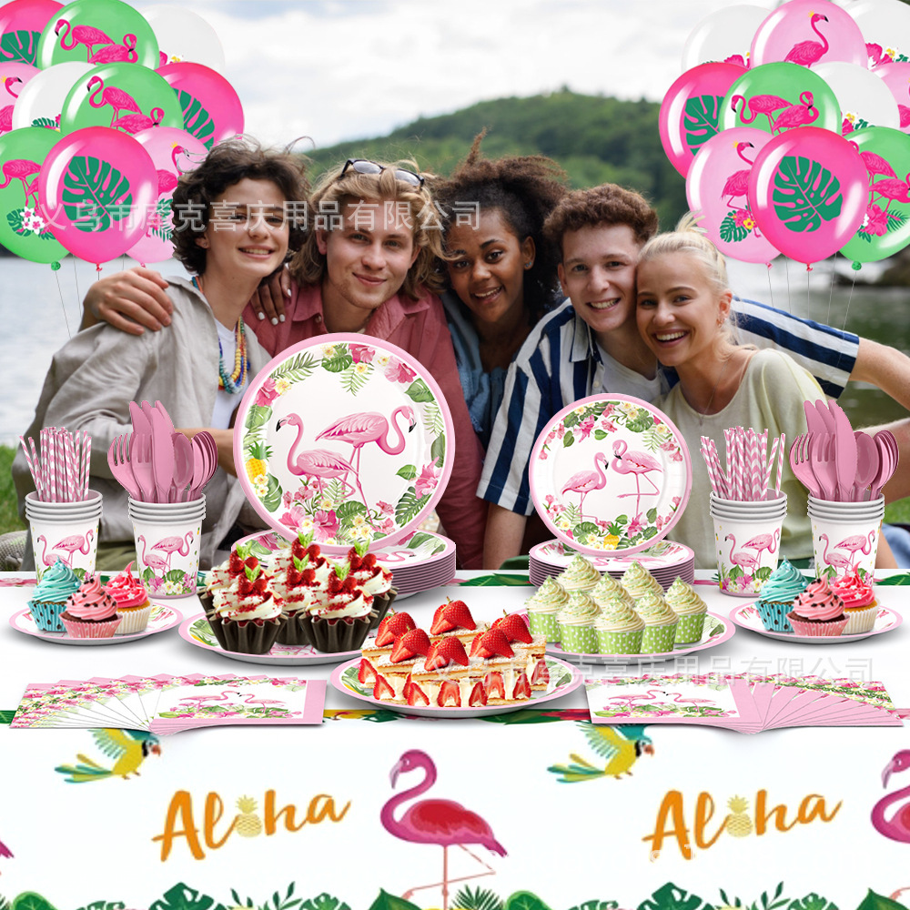 Temas de verano flamenco bandeja de papel desechable tazas de papel toallas de papel cubiertos bandejas de bandera hawaiana set decoración de fiesta