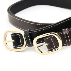 褲子搭檔簡約百搭皮帶白線金扣女士新款腰帶金色韓國新款學生韓系